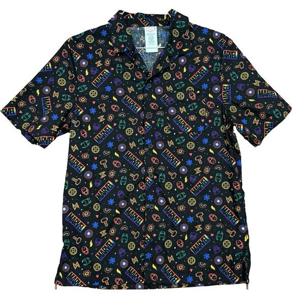 Marvel Avengers Black Rainbow Shirt Button Down 100% Cotton Size Small - Picture 1 of 8